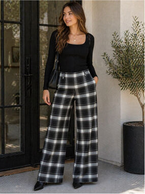 Ideology Plaid Wide Leg Pants Black White Stretch Trouser Size 4